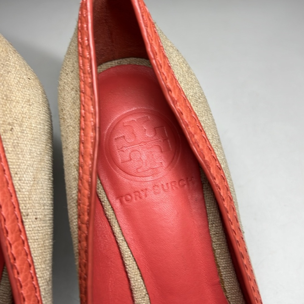 Tory Burch Amanda Off White/Pink Leather And Canvas PepToes Wedges Woman’s 6.5M - Picture 9 of 16
